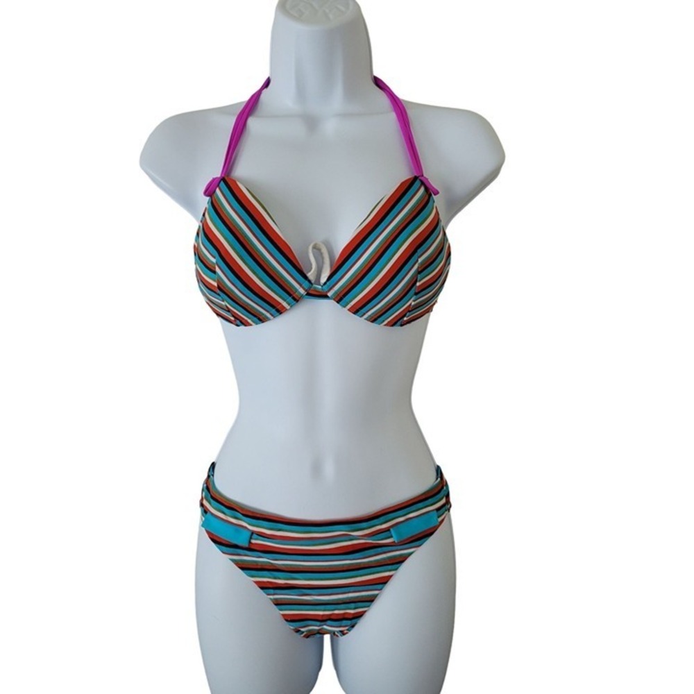 Multi Color Striped Halter Bikini Set Pink Straps Blue Tab Detail Two Piece